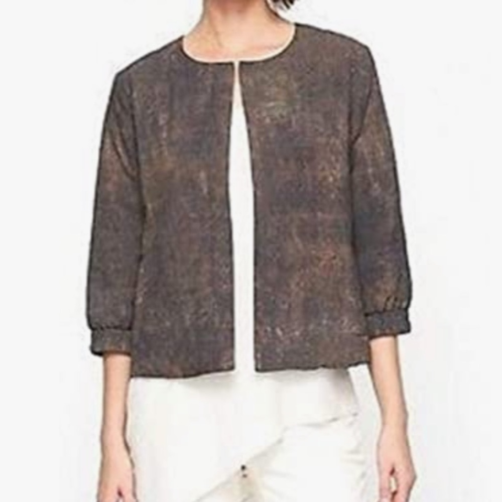Eileen Fisher silk jacket mud printed open front